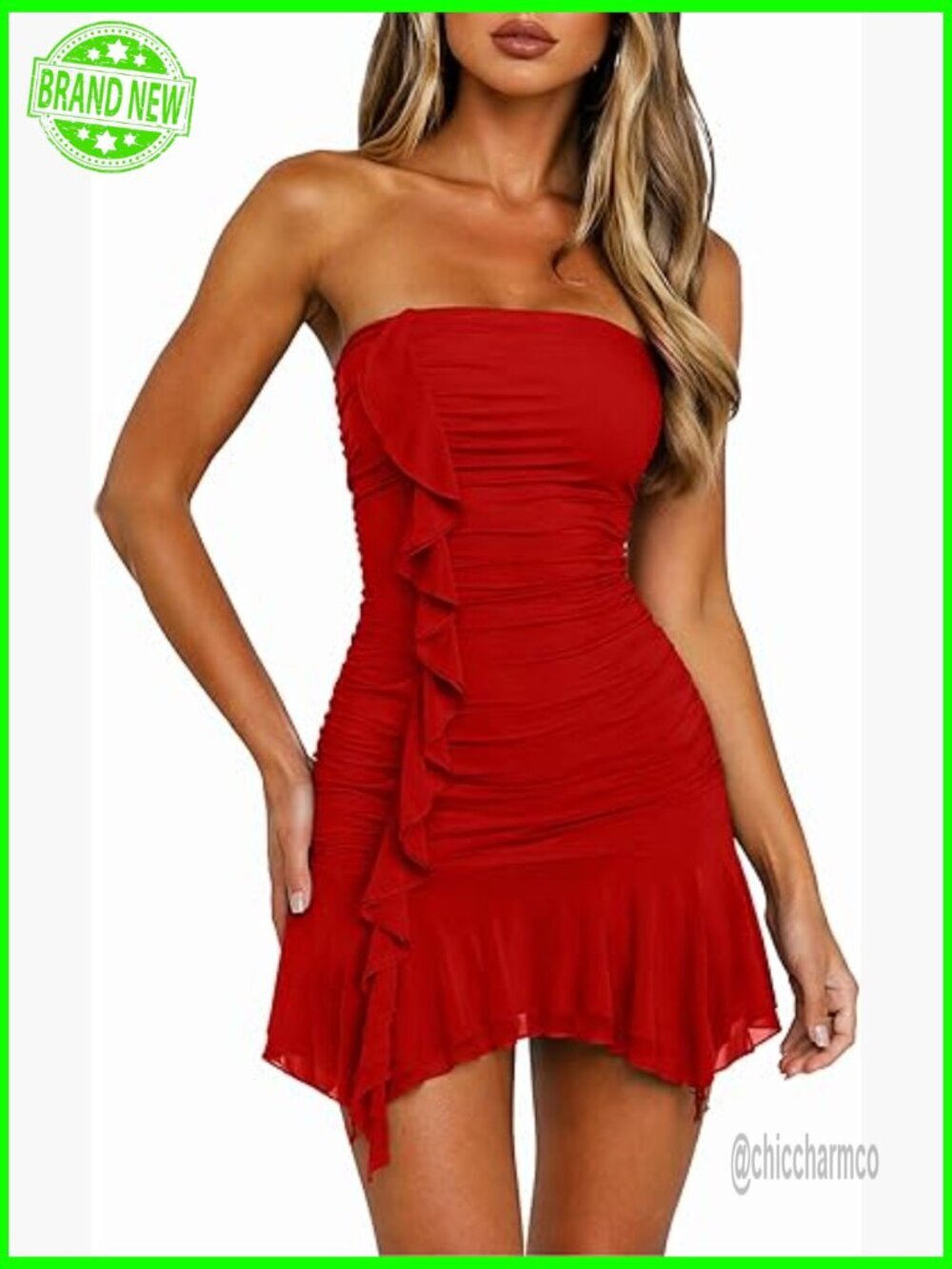 Strapless Tube Top Mesh Ruched Bodycon Ruffle Mini Dress
